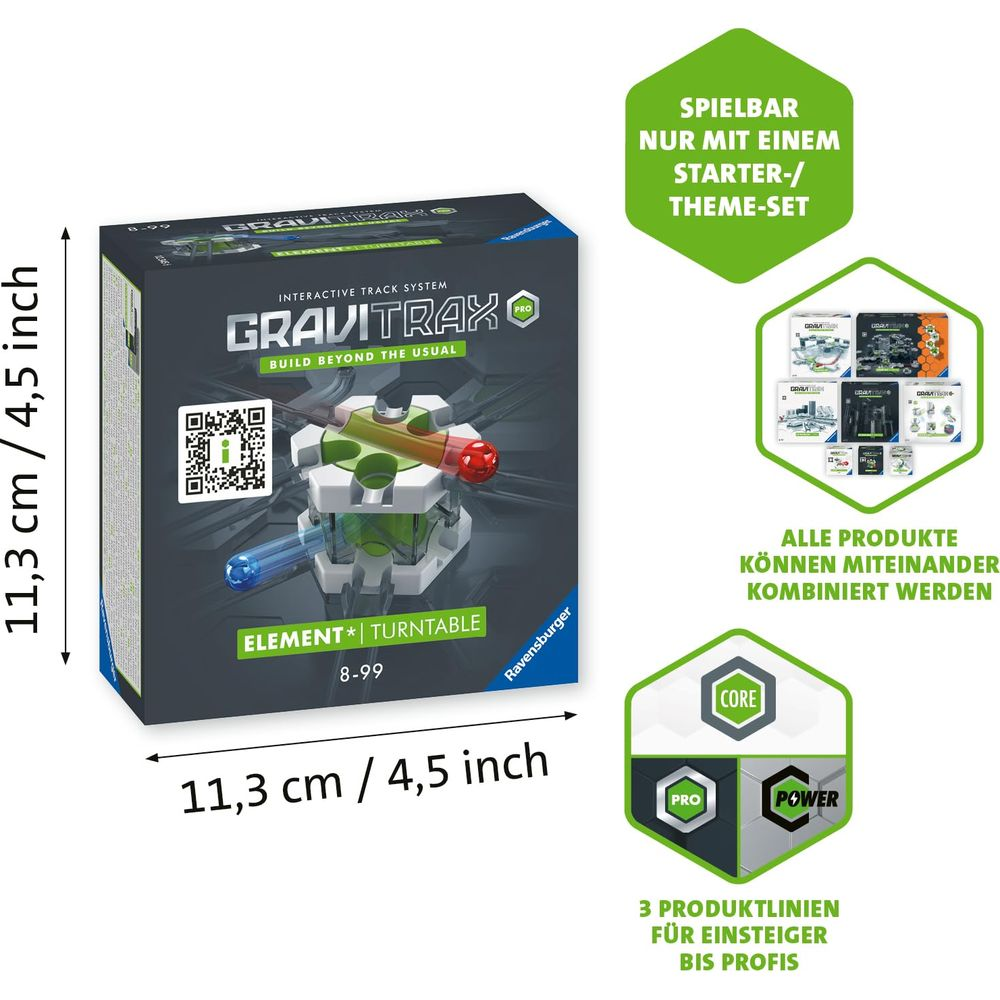 Pudełko GraviTrax Obrotnica, 11,3 cm. Pokazuje budowę i możliwości łączenia.