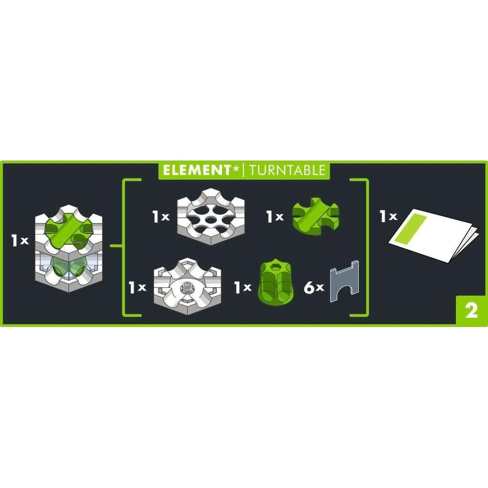 Element Obrotnica: 1x biała obrotnica, 1x zielony krzyżak, 1x białe koło zębate, 1x zielony cylinder, 6x zielone kołki, 1x element H.
