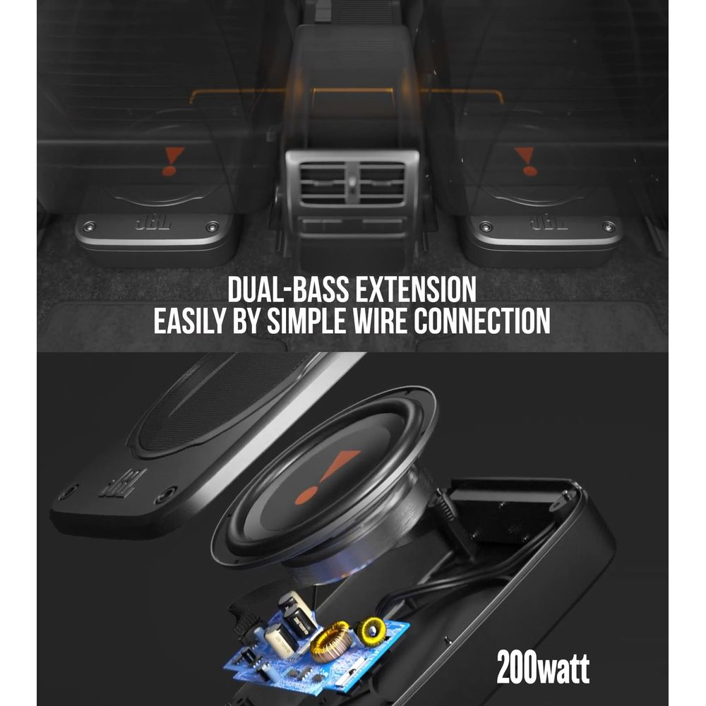 Einblick in einen Autositzboden mit JBL-Subwoofern und freigelegter Elektronik.