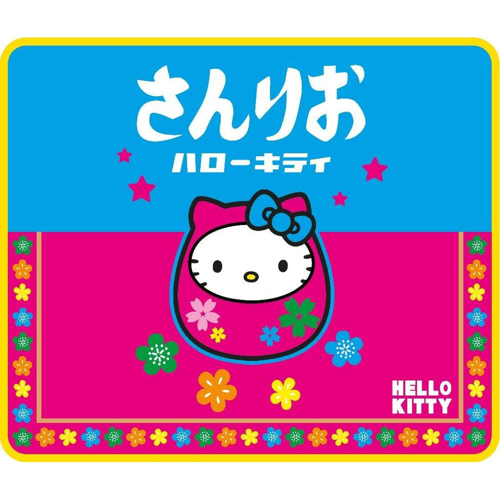 Hello Kitty in pinkem Outfit mit Blumen auf blau-pinkem Hintergrund.
