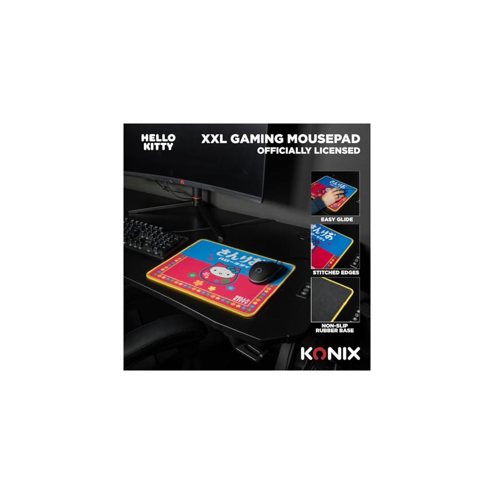 XXL Hello Kitty Gaming-Mauspad mit blauem und rotem Design, gestickten Kanten.