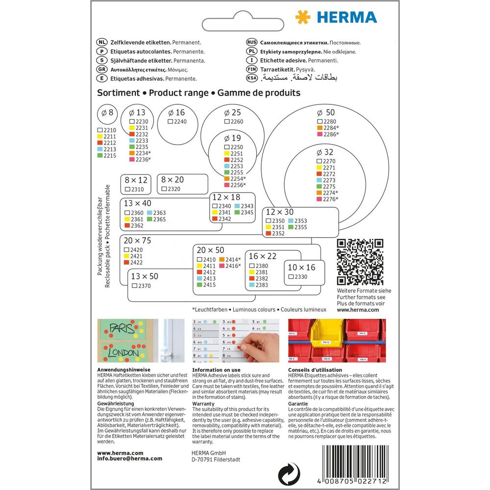 HERMA-Etikettenübersicht mit Größen, Nummern und Anwendungsinfo.