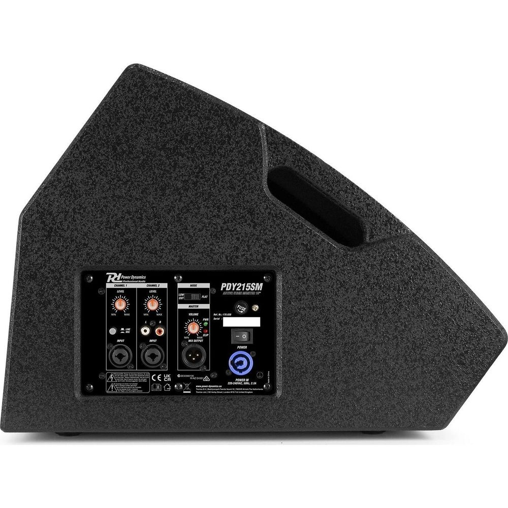 Altavoz negro con panel de control, conectores y asa.