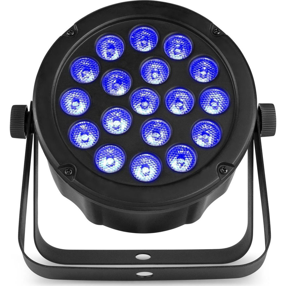 Un foco redondo negro con 16 LEDs azules y un soporte en forma de U.