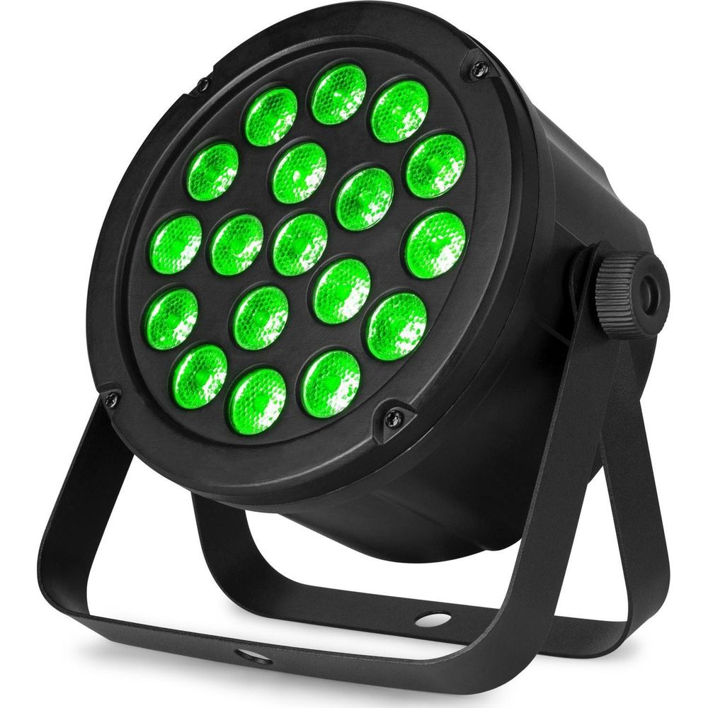 Foco negro con 16 LEDs verdes y soporte ajustable.