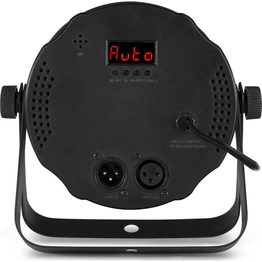 Foco negro con pantalla LED roja que muestra 'Auto'.