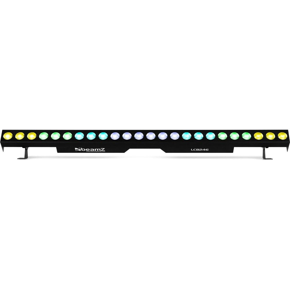 Barra de luz negra con LEDs de colores: rojo, verde, azul y amarillo.