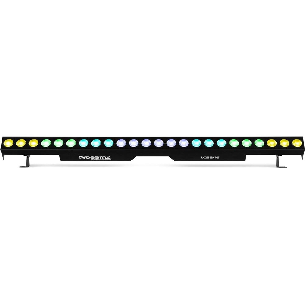 Una barra de luz negra con muchas luces de colores, amarillo, verde, azul, blanco.