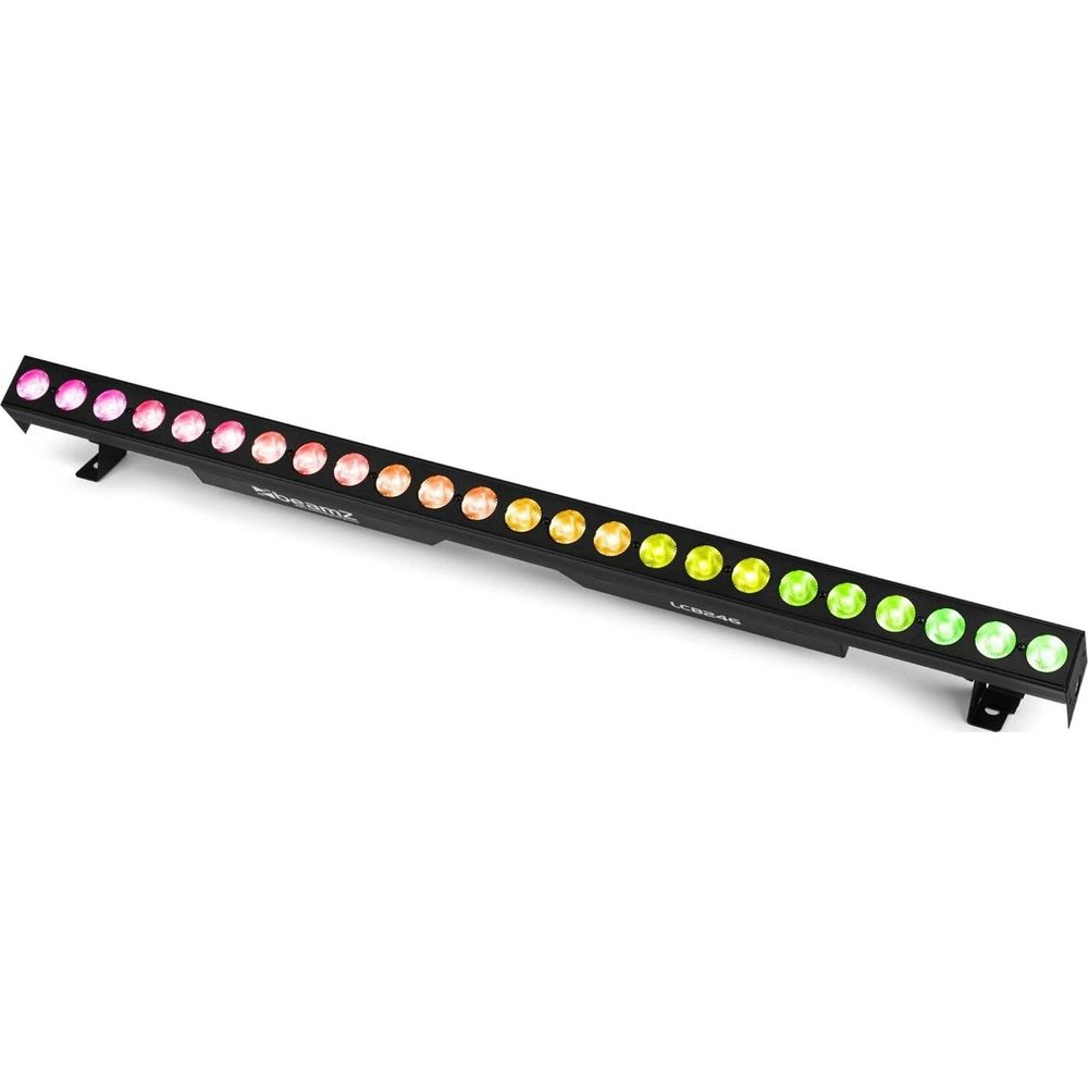 Una barra de luz larga y negra con muchas luces redondas en tonos rosa, naranja, amarillo y verde.