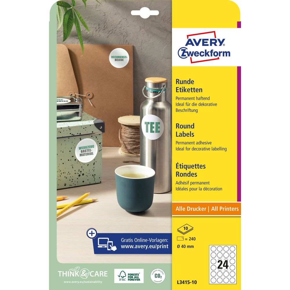 Avery Zweckform runde Etiketten: 240 Stück, 40mm Durchmesser, permanent haftend.
