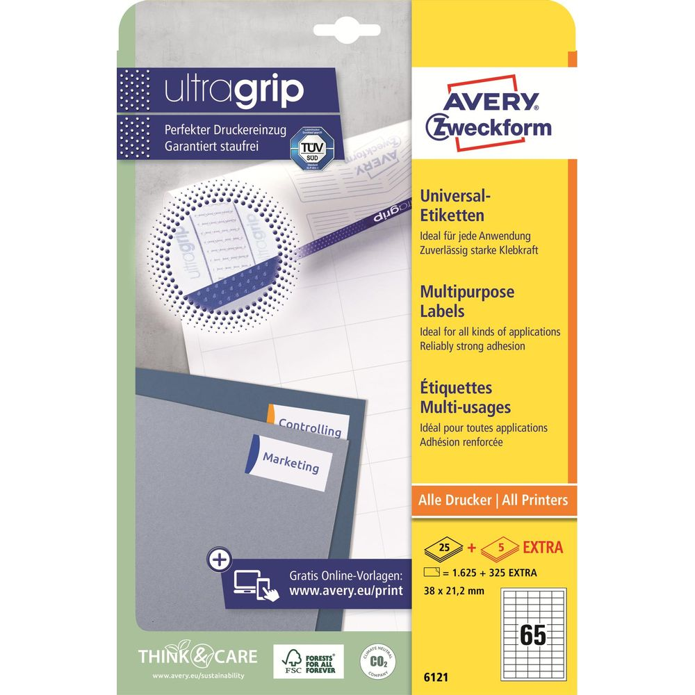 Verpackung für Avery Zweckform ultragrip Universal-Etiketten mit Mehrzweck- und Multi-Usage-Labels.
