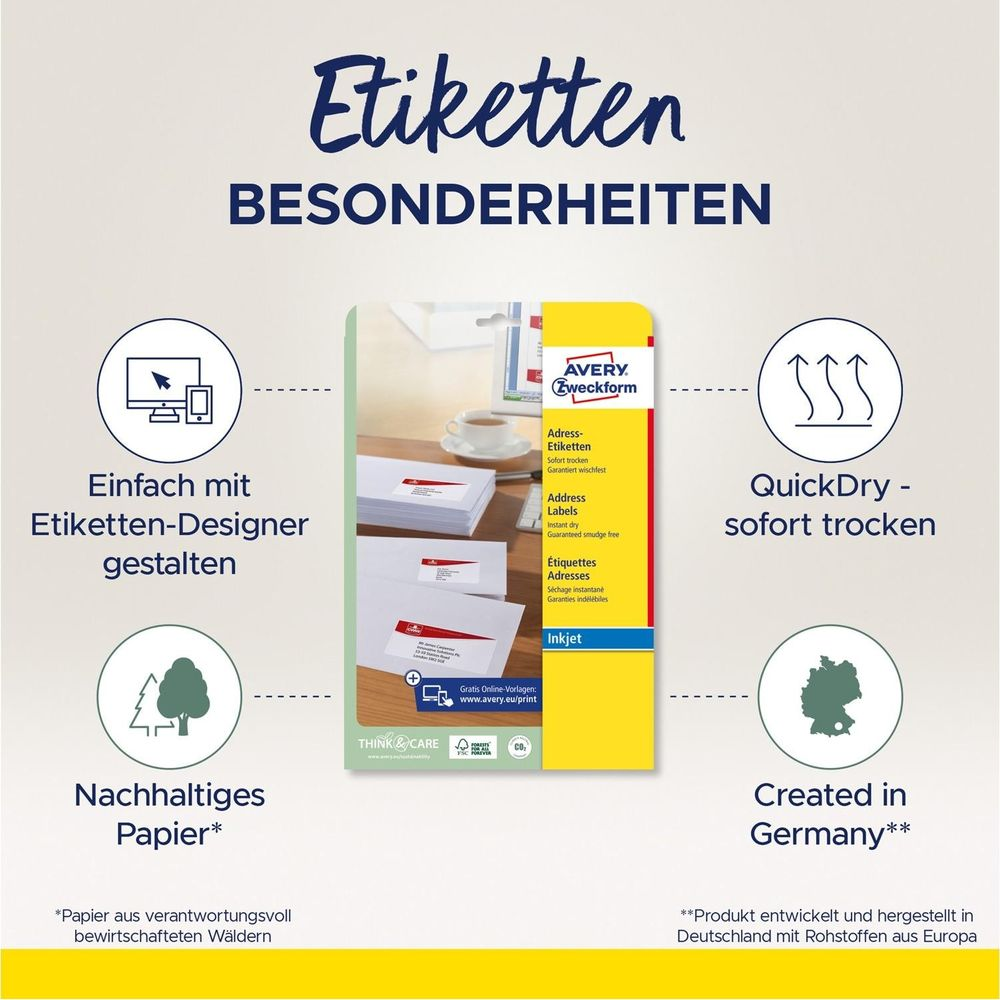 Avery Zweckform Etiketten: Einfach gestalten, schnell trocknen, nachhaltiges Papier, in Deutschland hergestellt.