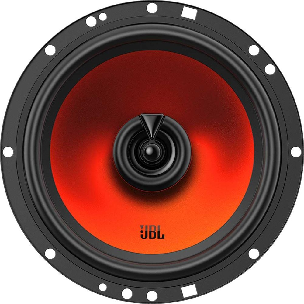 Haut-parleur noir avec dégradé rouge et logo JBL.