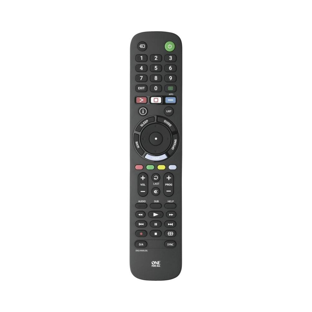 A black remote control with numbered buttons and control elements.