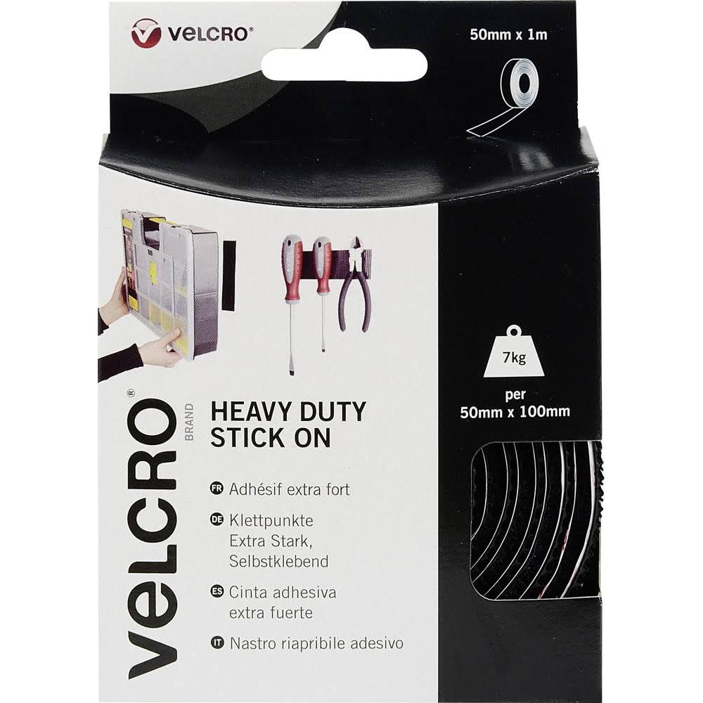 Velcro Heavy Duty Stick On Verpackung mit Werkzeugen und Rollen mit Klebeband.