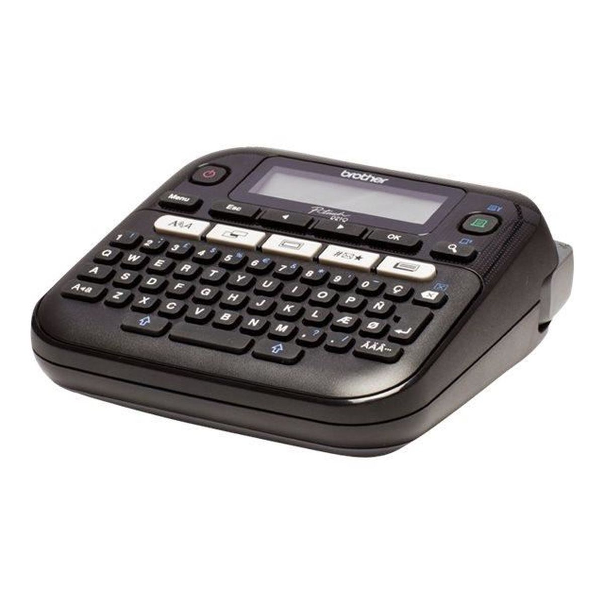 Etichettatrice nera con tastiera QWERTY e schermo LCD.