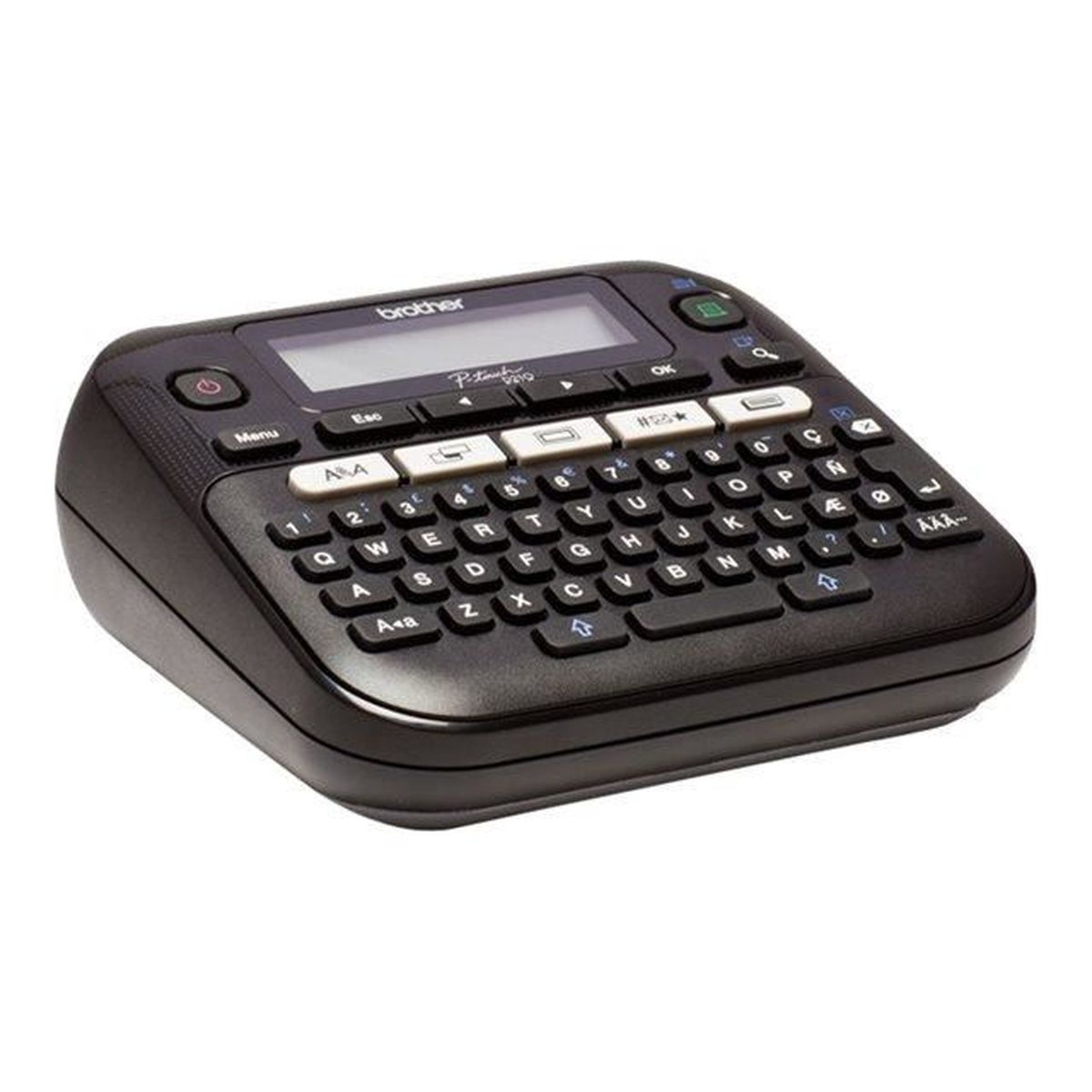 Una etichettatrice Brother P-touch nera con tastiera e schermo.