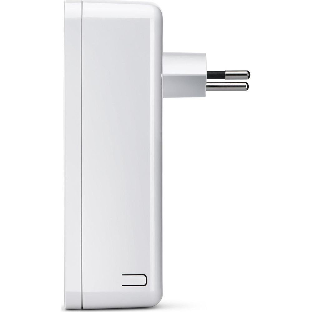Un adattatore di spina bianco con due pin che sporgono da un alloggiamento bianco.