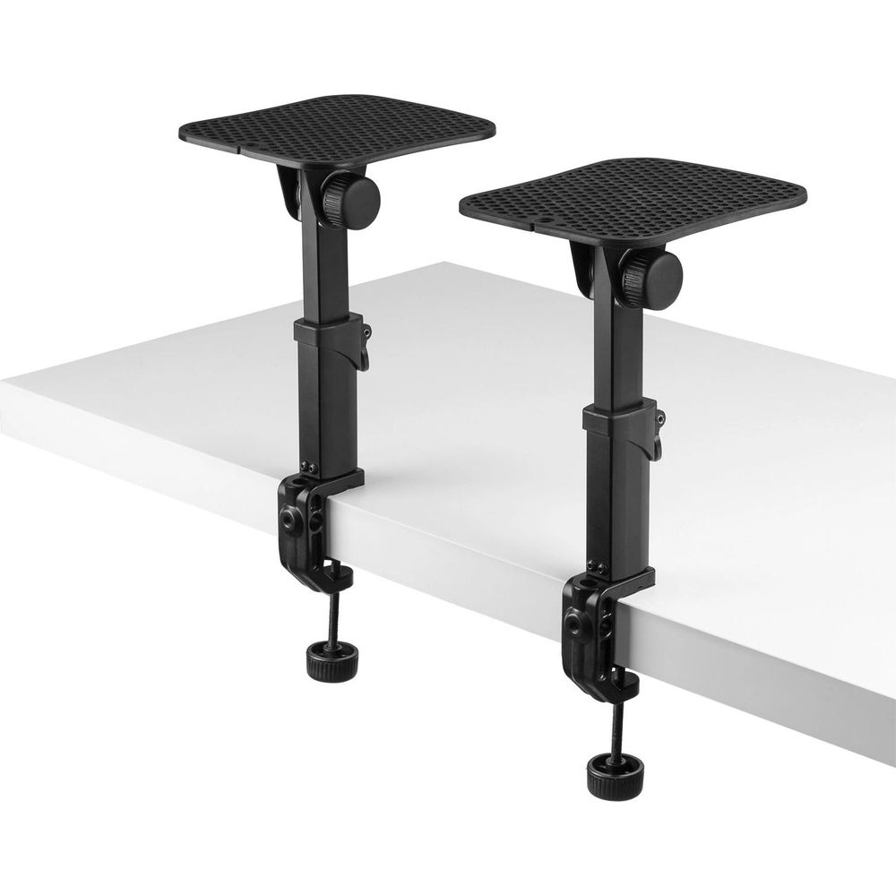 Dos soportes negros ajustables para escritorio con plataformas.