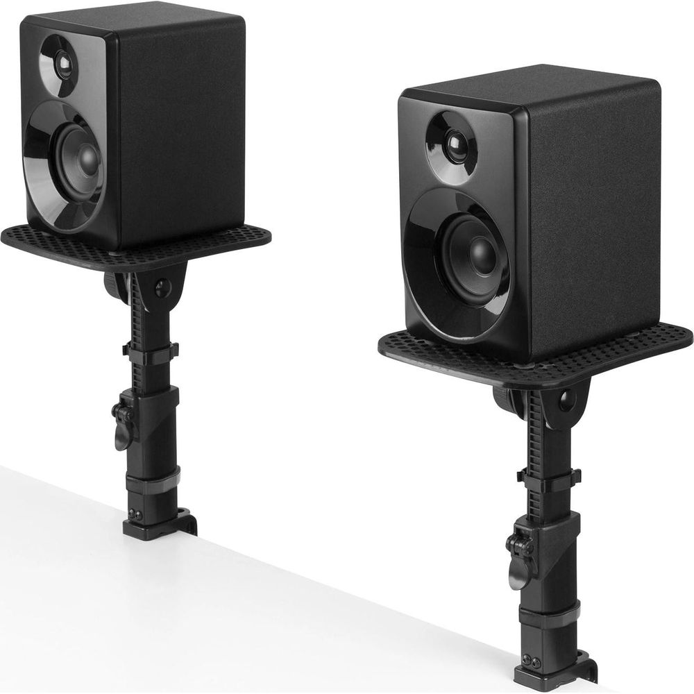 Dos altavoces negros sobre soportes ajustables con abrazadera.