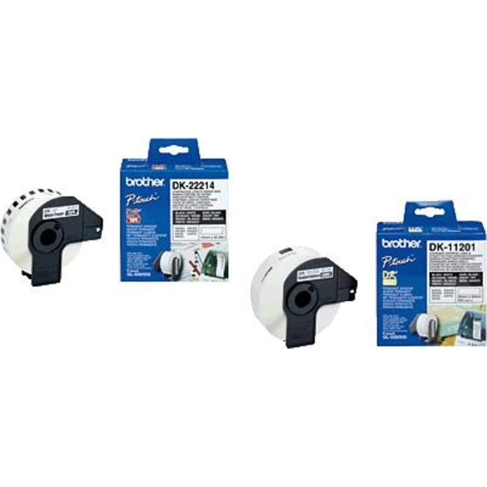Dwie rolki etykiet Brother i ich opakowania, białe i czarne.
