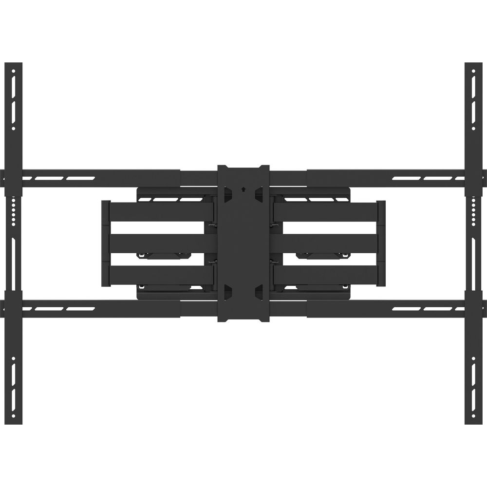 Support mural TV noir avec bras extensibles et rails réglables.
