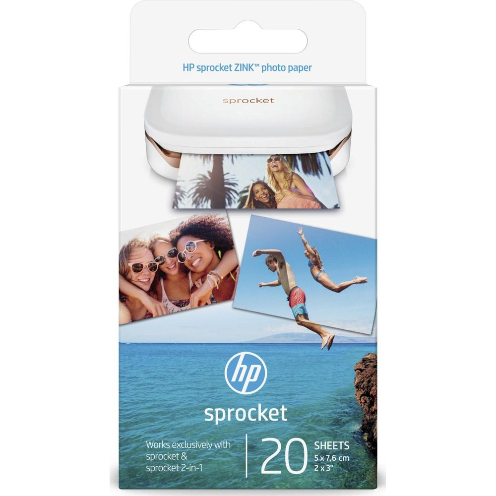 Opakowanie papieru fotograficznego HP Sprocket pokazuje drukarkę Sprocket i zdjęcia plaży. 20 ark.