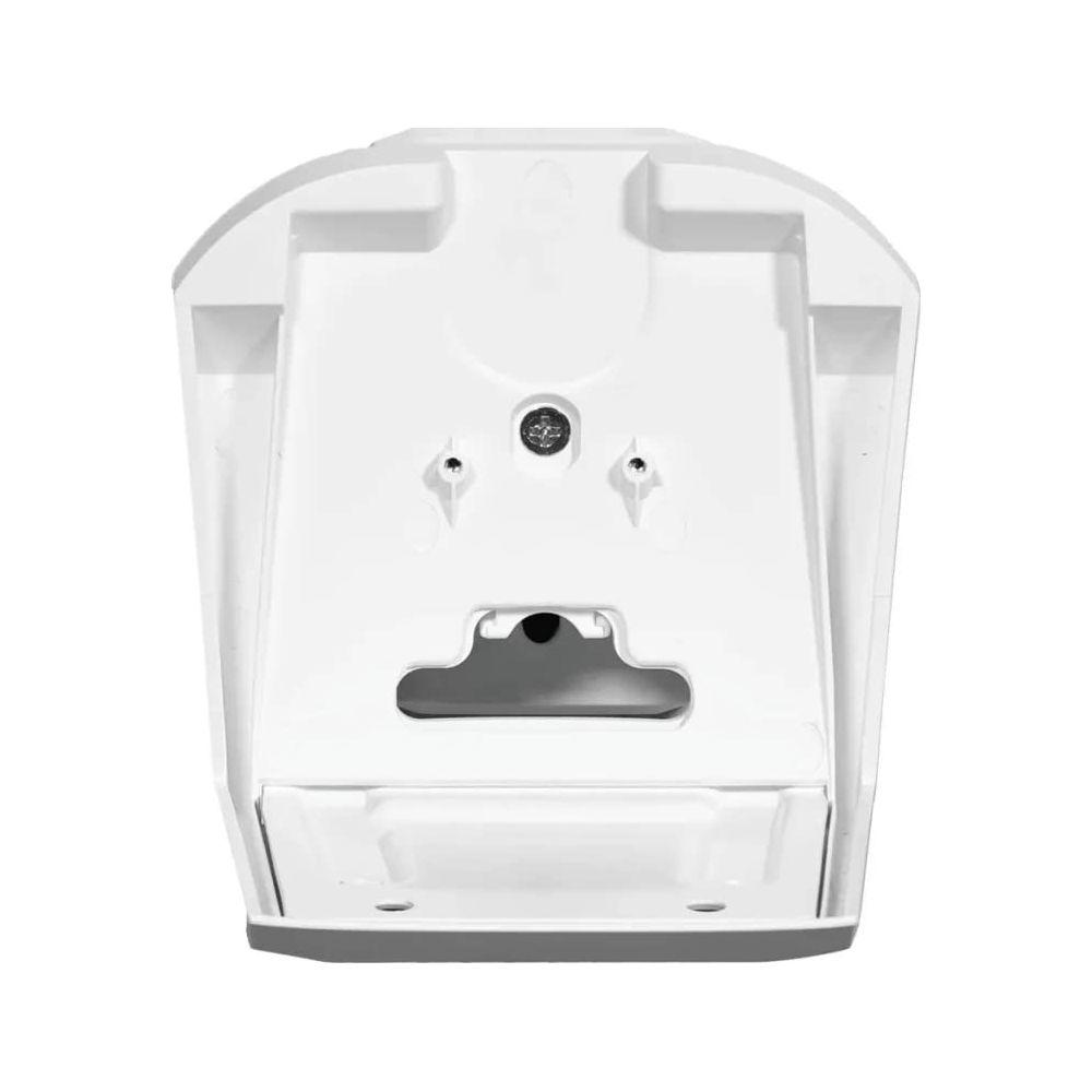 A white plastic bracket with a cutout and a screw hole.