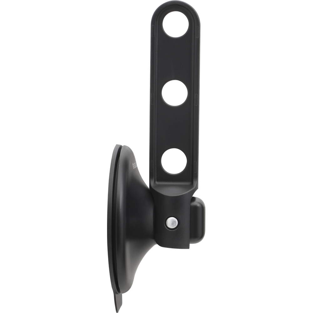 A black suction cup holder with three holes, mounted vertically.