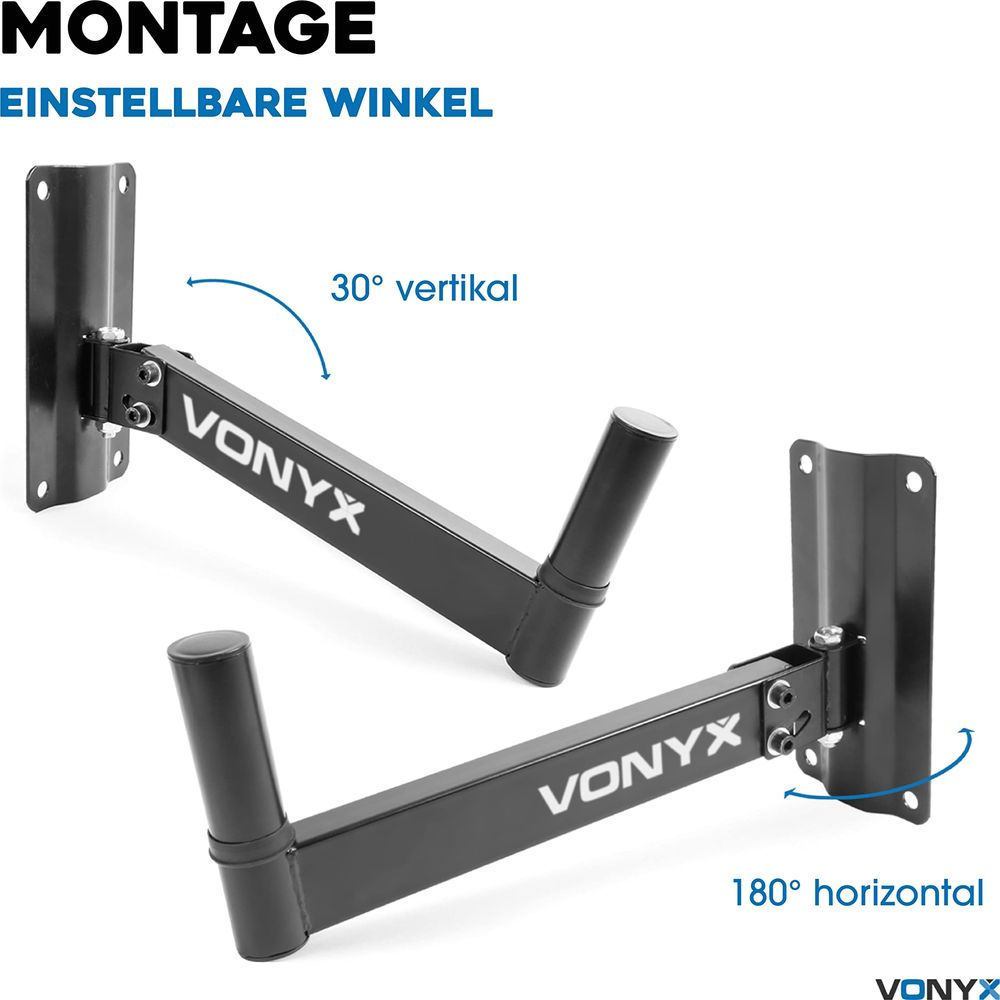 Zwei schwarze Vonyx Lautsprecherhalterungen, eine vertikal, eine horizontal.