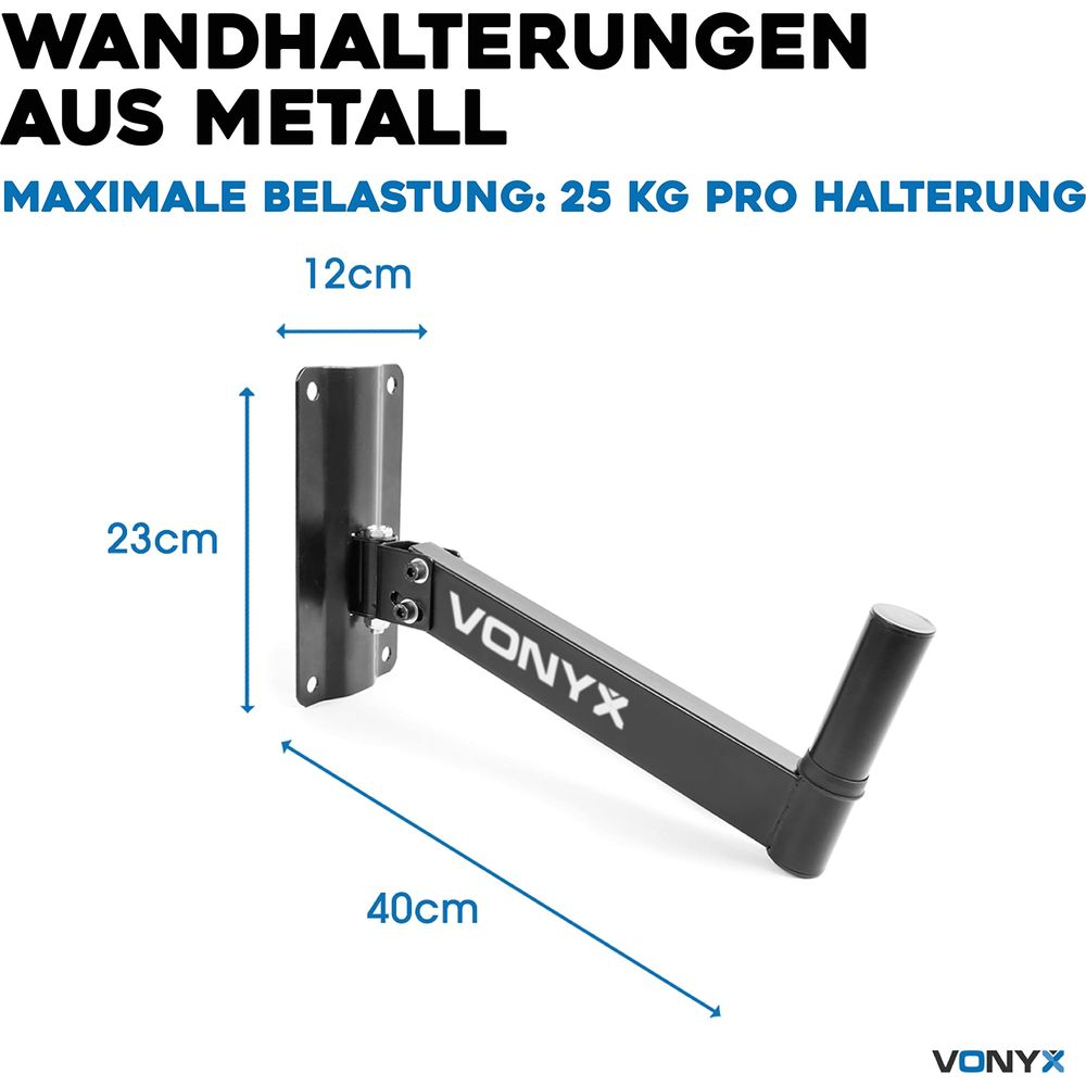 Schwarze Metall-Wandhalterung mit Vonyx-Logo, Maße 23x40cm.