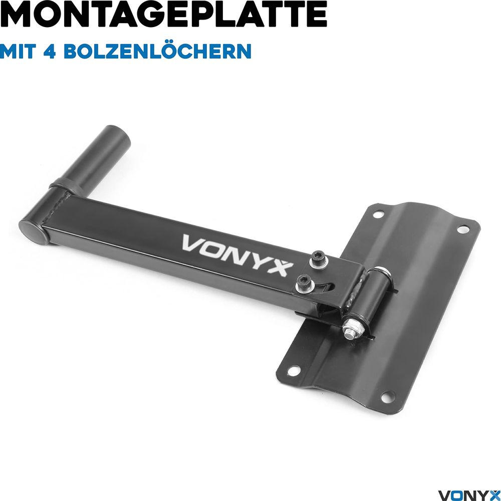 Schwarze Montageplatte mit 4 Bolzenlöchern und VONYX-Logo.