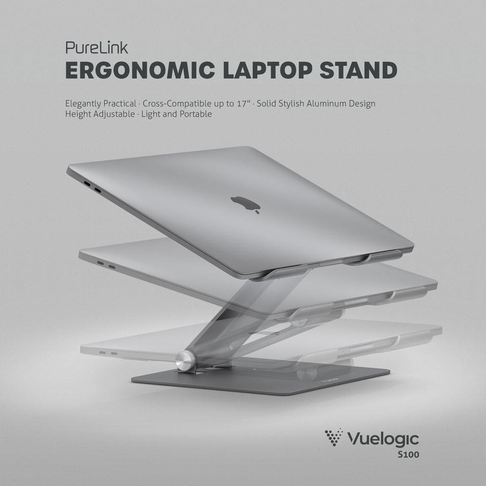 Ein silberner Laptop steht auf einem verstellbaren Ständer.