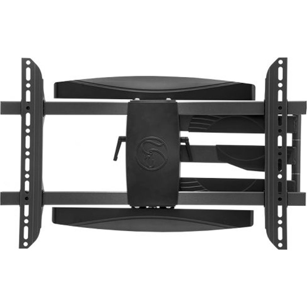 Ein schwarzer, ausziehbarer Wandhalter für Fernseher mit einem Logo.
