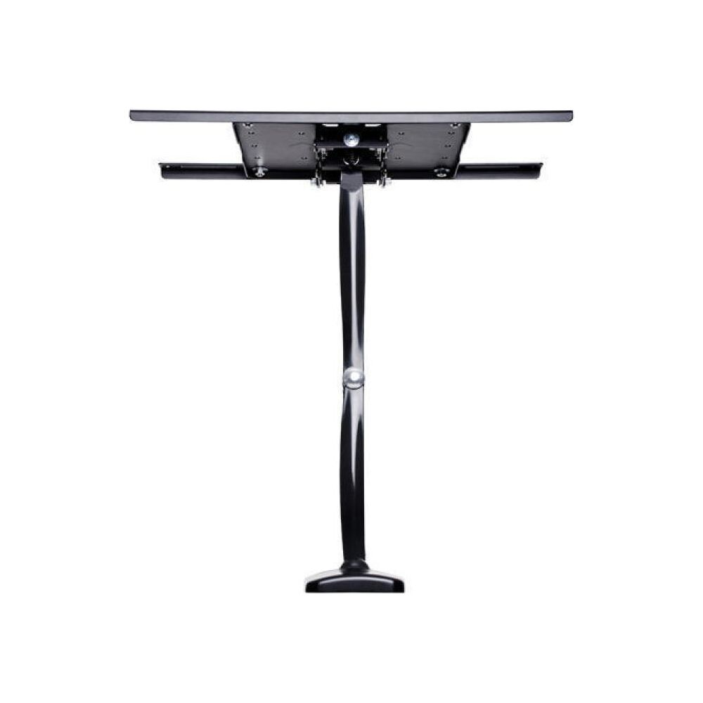 Support TV noir avec plaque plate et base en forme de T sur fond blanc.