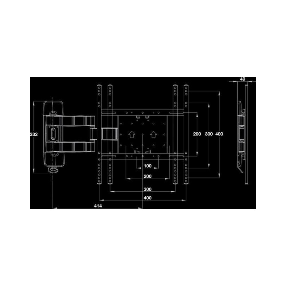 Dessin technique d'un support mural TV pivotant avec dimensions.