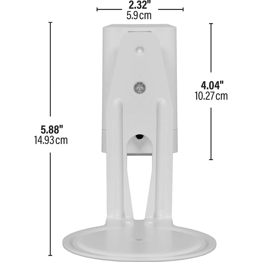 Witte kunststof montagebeugel met afmetingen in inches en centimeters.
