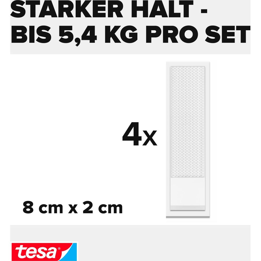 4 strisce adesive bianche 8x2cm, tenuta forte fino a 5,4kg, logo Tesa.