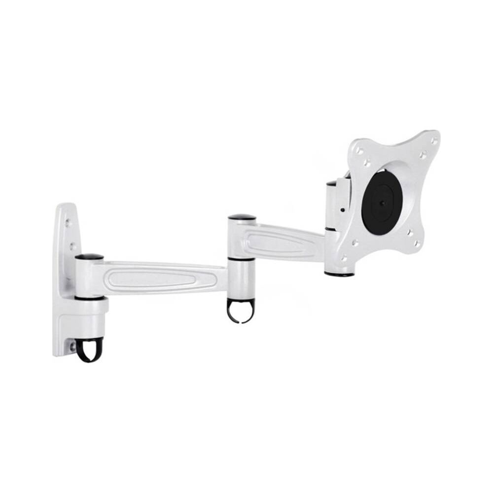 Un bras de moniteur blanc et articulé avec support mural et plaque VESA.