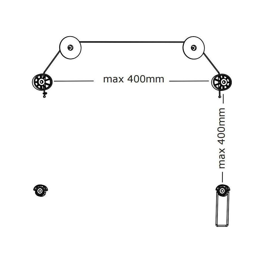 Diagrama muestra dos poleas conectadas por una cuerda, con dimensiones.