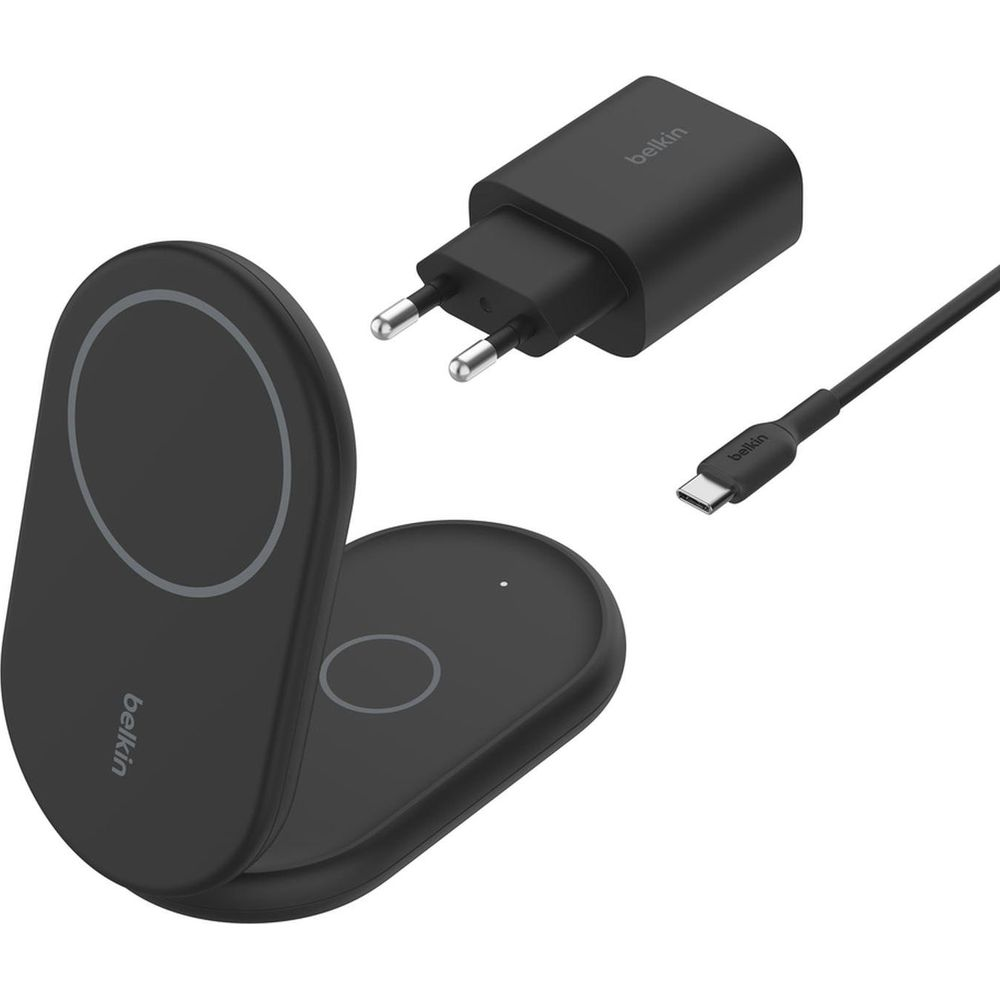Caricatore wireless duale nero, adattatore di alimentazione e cavo USB-C.