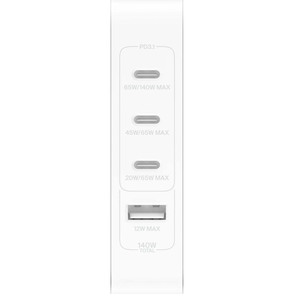 Ein weißes Ladegerät mit drei USB-C-Anschlüssen und einem USB-A-Anschluss.