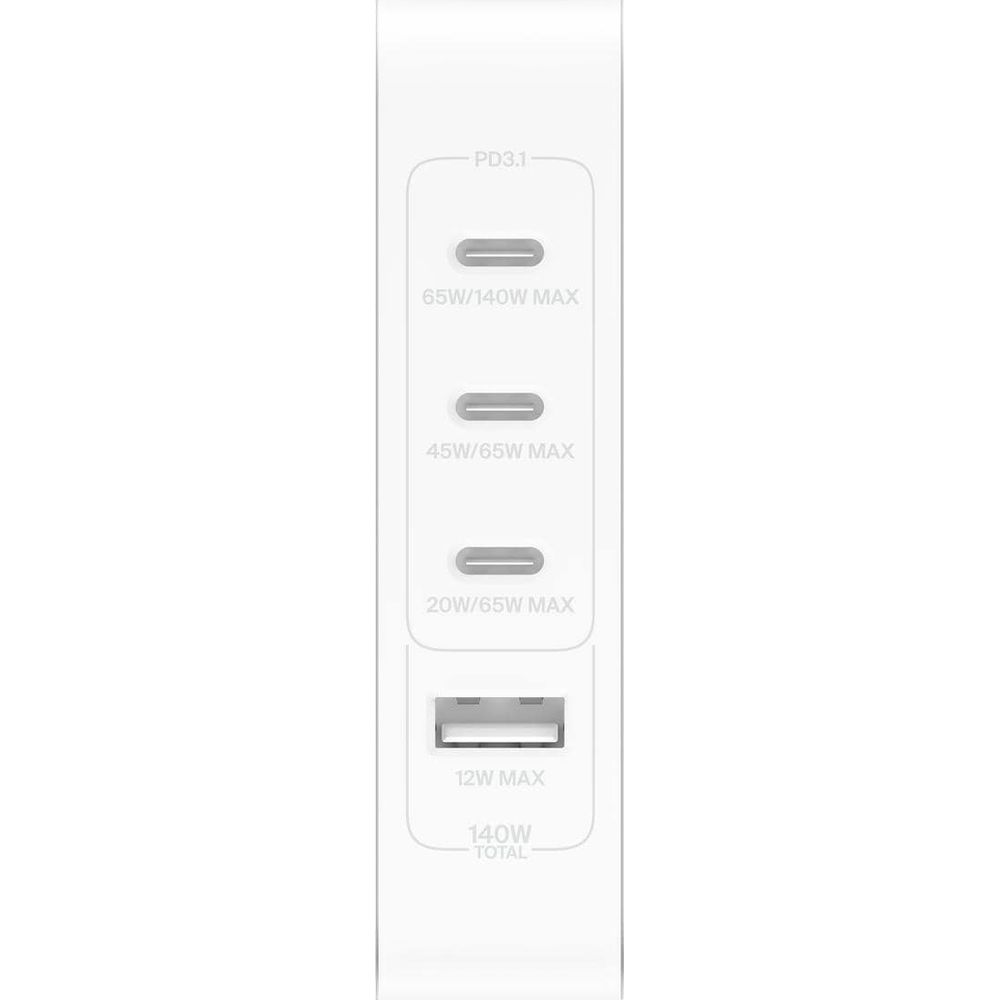 Ein weißes Ladegerät mit drei USB-C- und einem USB-A-Anschluss.