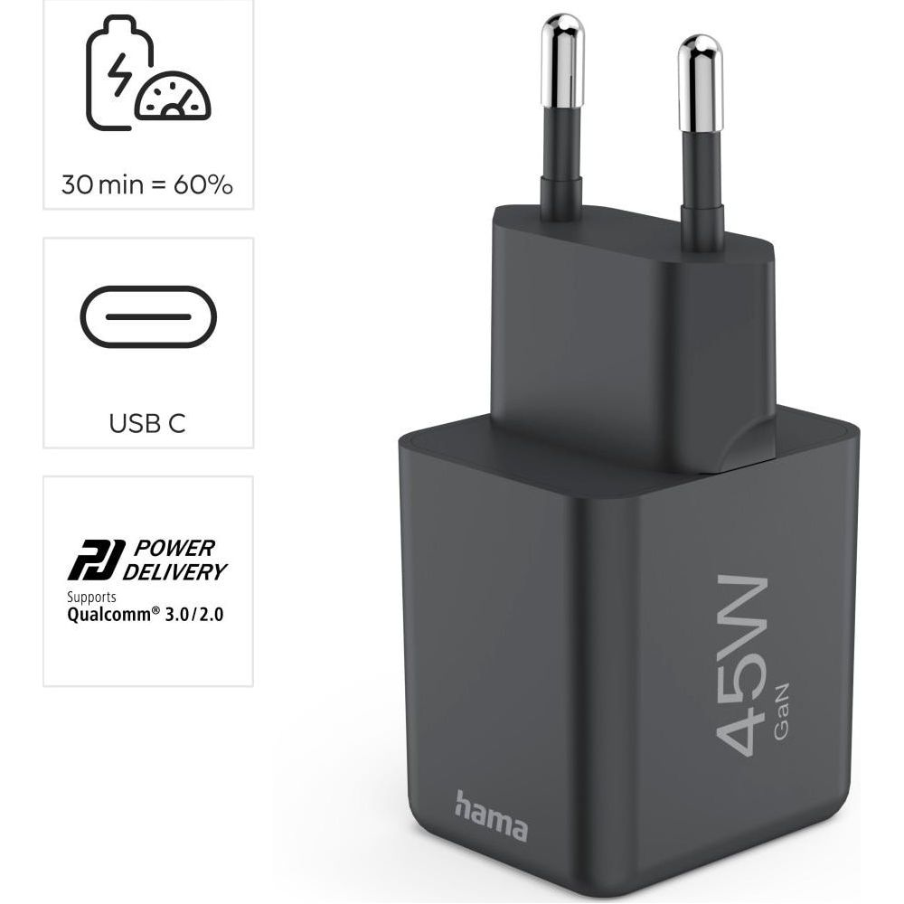 Caricatore USB-C nero 45W GaN con Power Delivery.