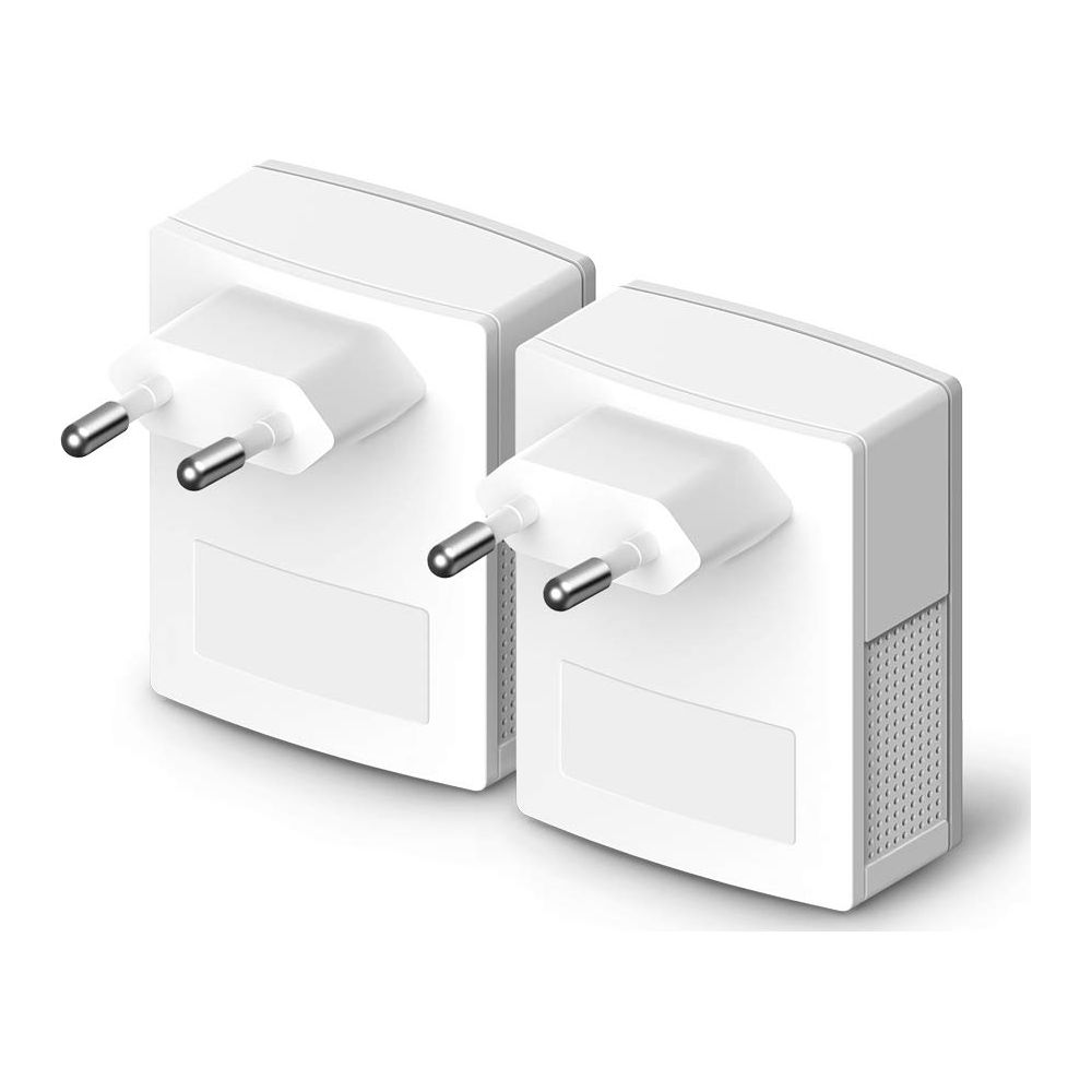 Zwei weiße Steckeradapter mit zwei Metallstiften nebeneinander.