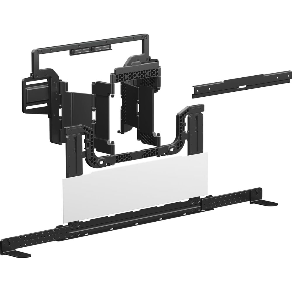Soporte negro desmontado con panel blanco y muchos agujeros pequeños.