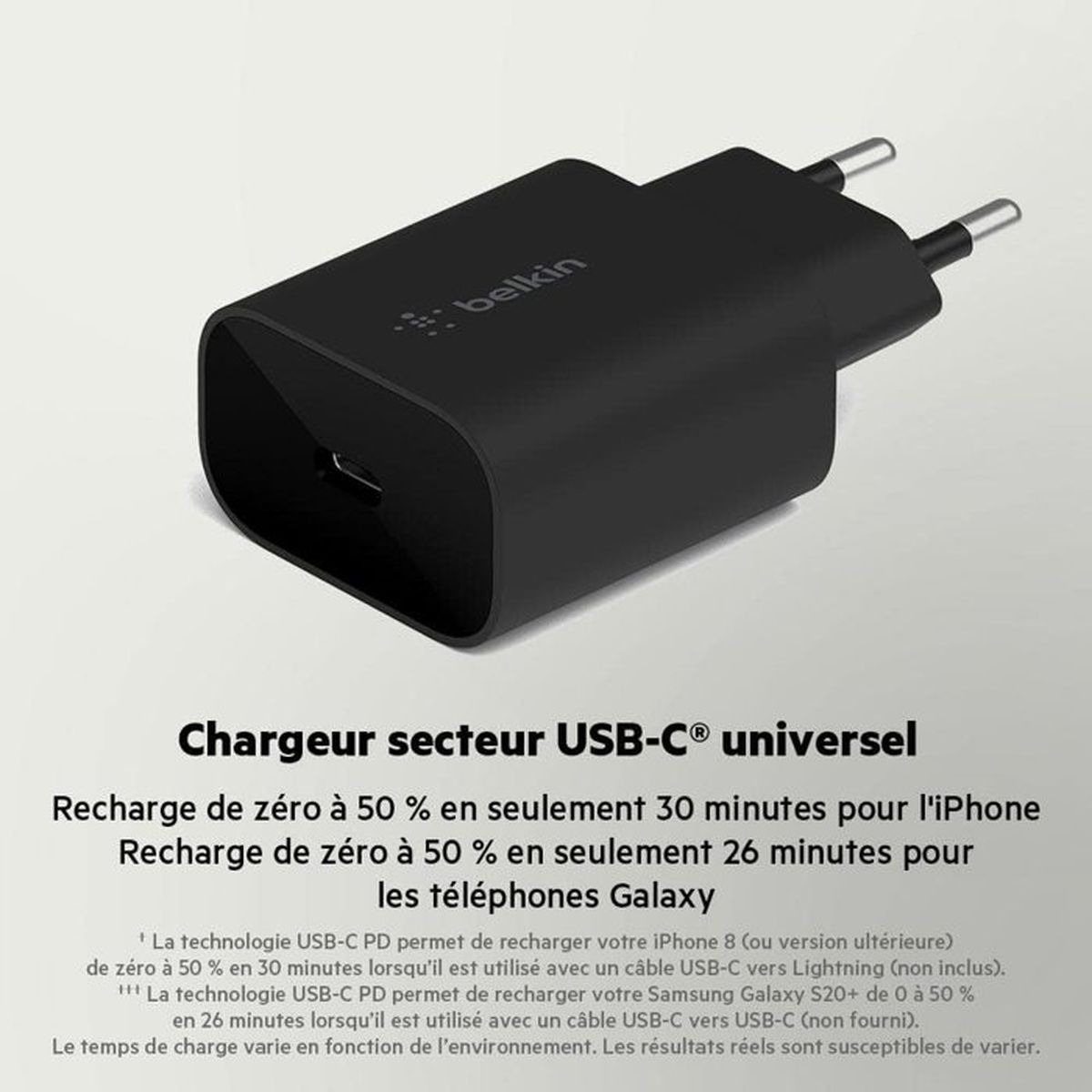 Caricatore da muro Belkin USB-C nero con due pin e una porta USB-C.