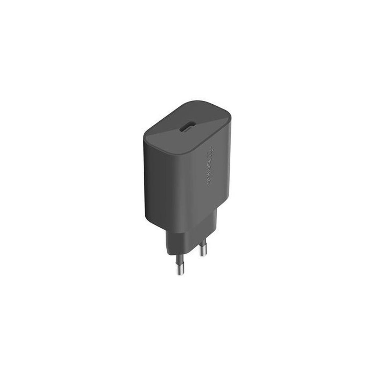 Un adattatore di alimentazione USB-C grigio scuro con due pin metallici.