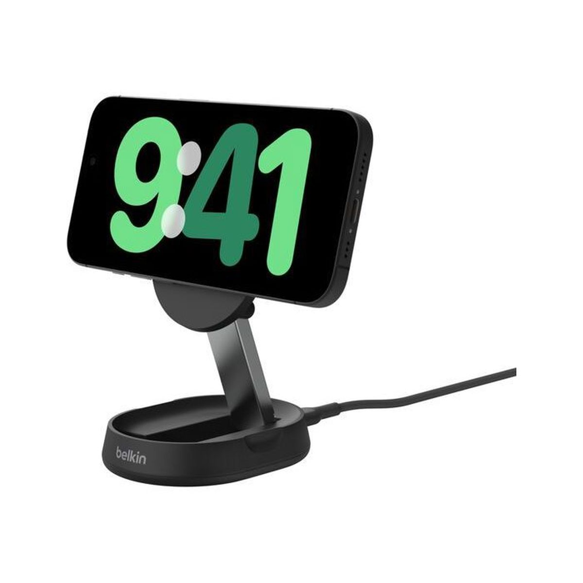 Ein schwarzes Smartphone auf einem schwarzen Ladeständer zeigt die Uhrzeit 9:41.