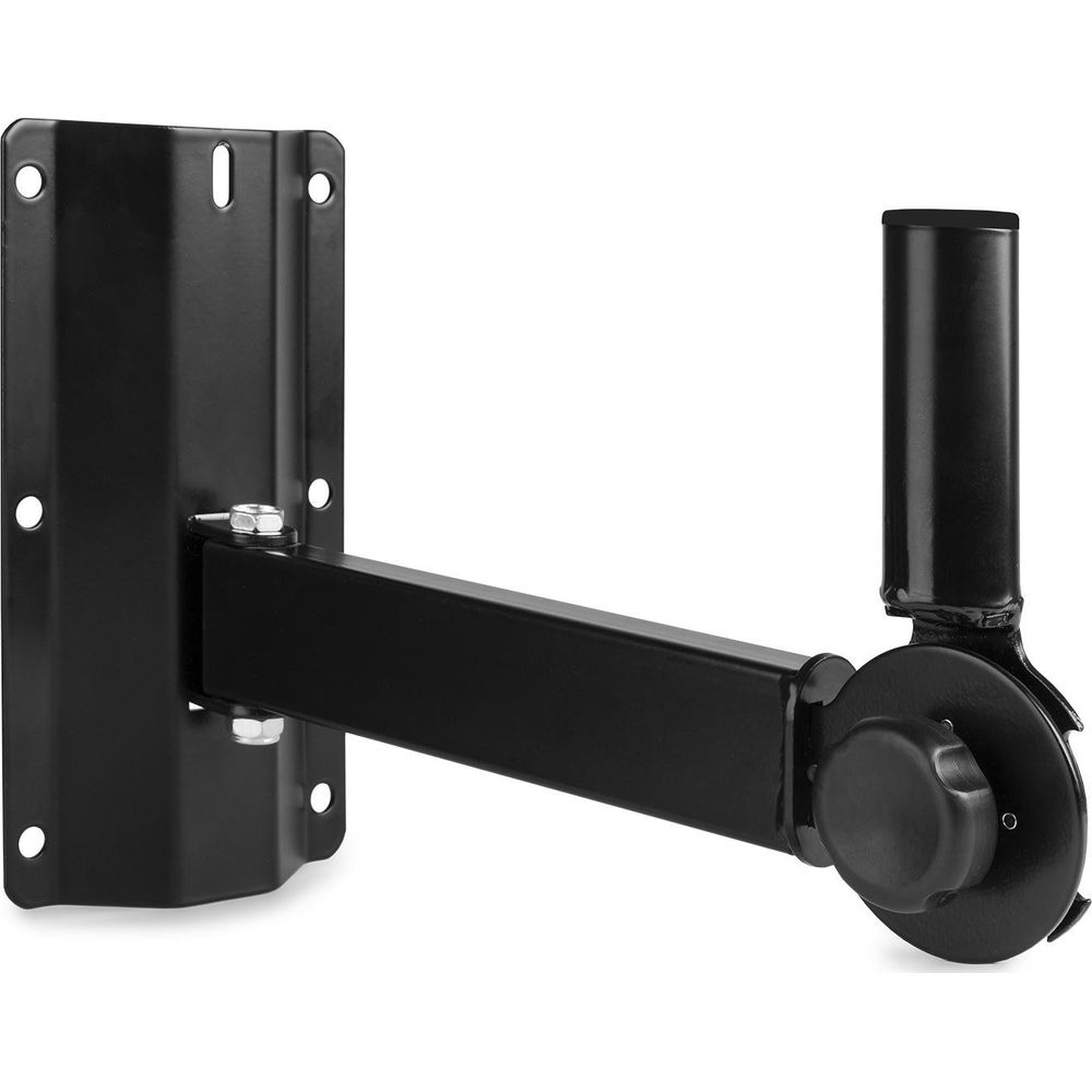 Soporte de pared ajustable de metal negro con brazo articulado y tornillos de montaje.